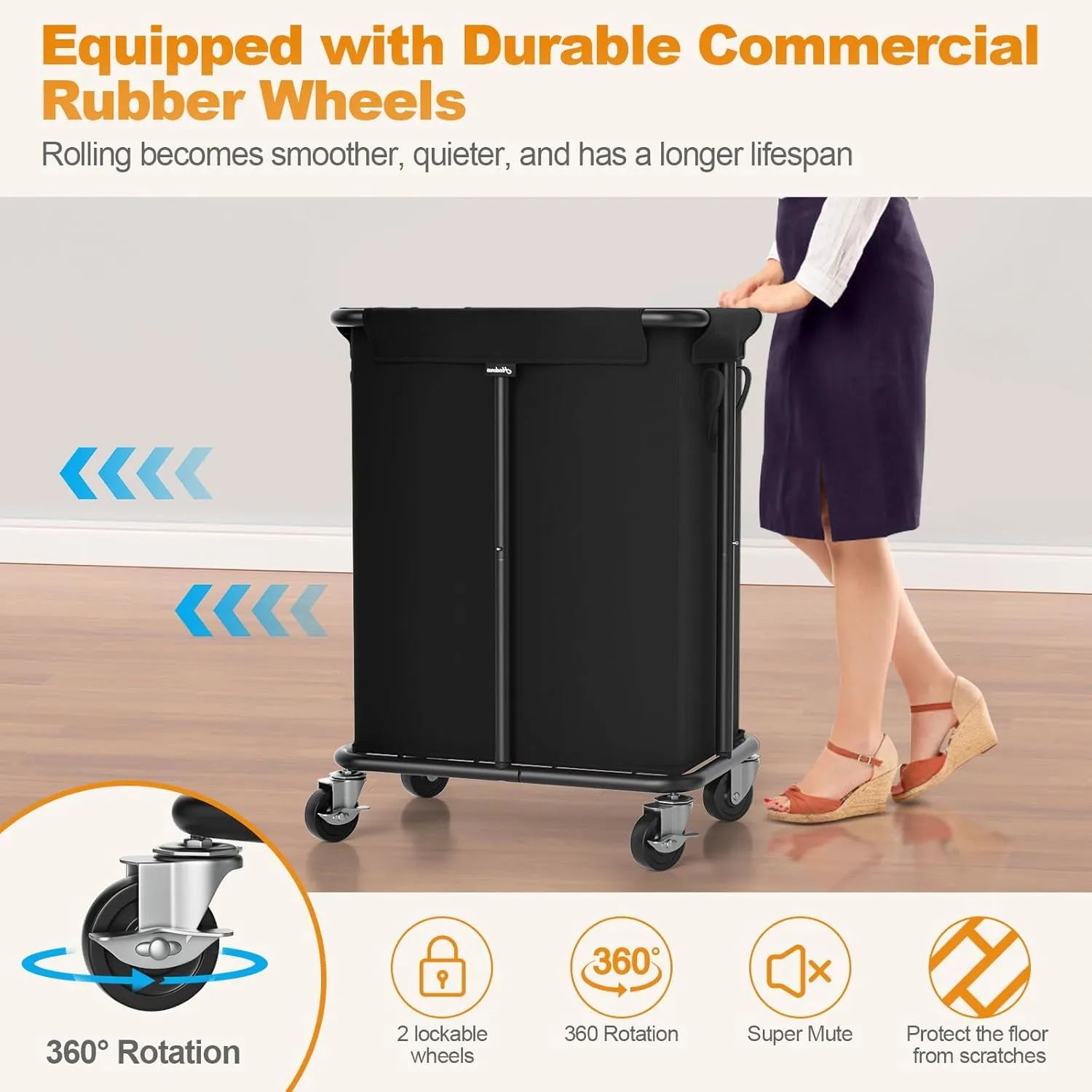 Laundry Basket with Wheels, Rolling Laundry Hamper, 46 Gallons (170L), Removable and Machine Washable Liner, Steel Frame, Large Laundry Cart for Laundry Room, Bedroom, Bathroom, Dorm - Black