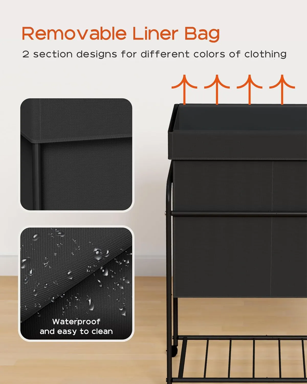 Laundry Basket with Wheels, Rolling Laundry Hamper, Laundry Sorter with Removable Liner, Steel Frame with Handle, 80L, 19.7 x 13 x 25.2 Inches, Black, LHC100B01