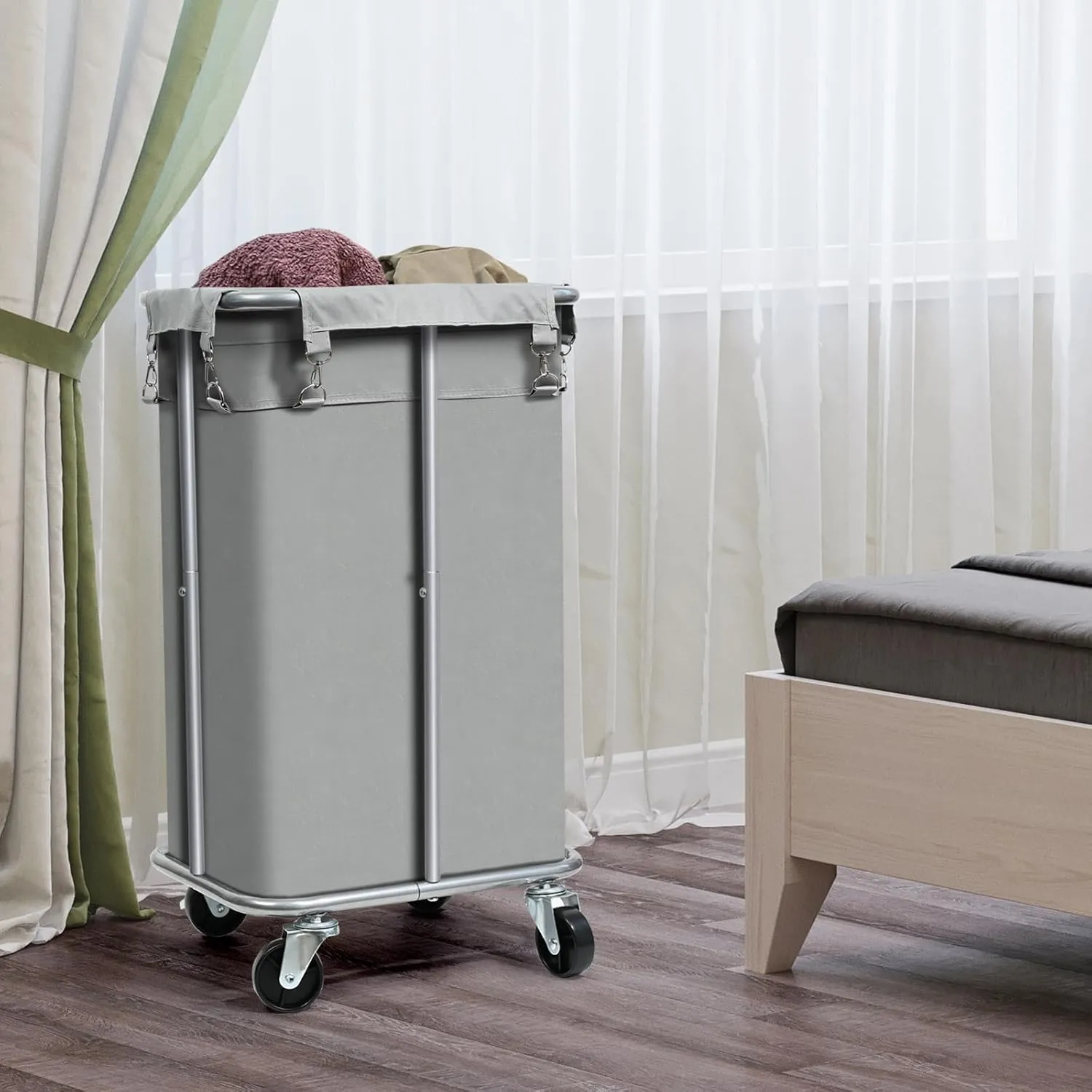 Laundry Basket with Wheels, Rolling Laundry Hamper with Removable Bag, 100L Laundry Sorter Cart, Narrow Slim Clothes Hamper Organizer with Sturdy Metal Frame, Grey