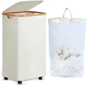 Laundry Basket with Wheels, Tall Rolling Laundry Hamper with Lid and Removable Bag, Aesthetic Dirty Clothes Hamper on Wheels for Laundry Room, Bedroom, Dorm and Bathroom, 100L Beige