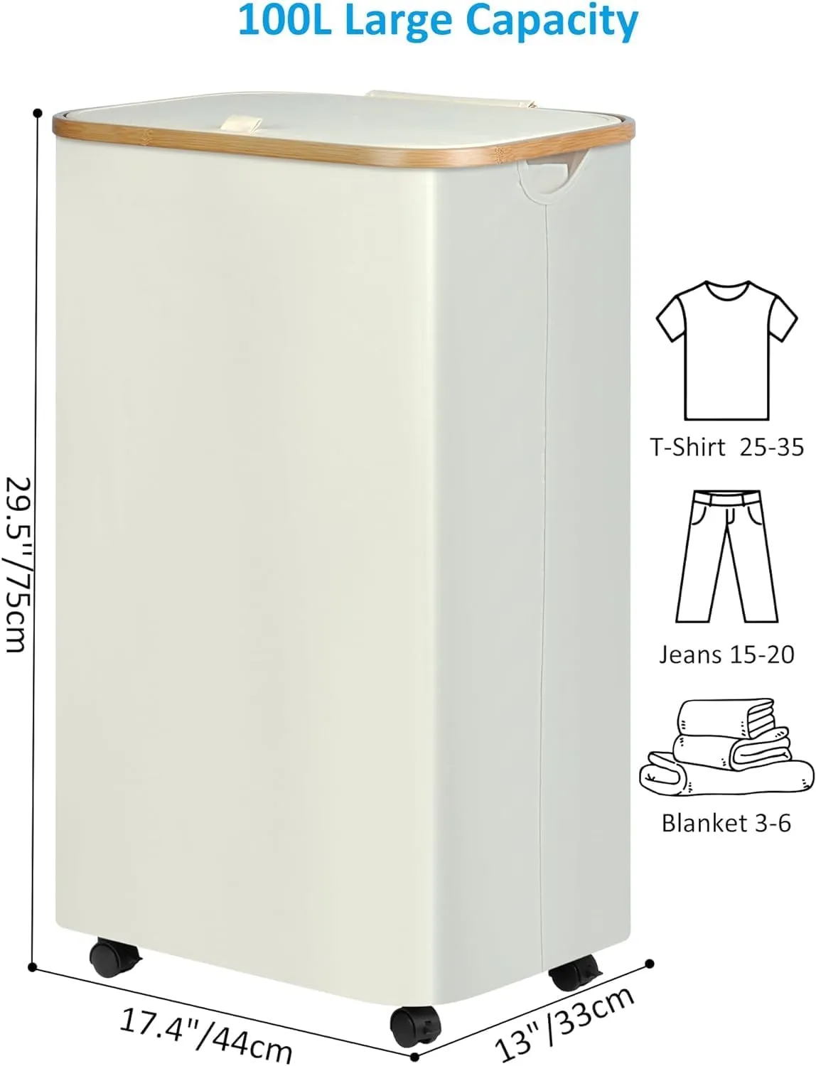 Laundry Basket with Wheels, Tall Rolling Laundry Hamper with Lid and Removable Bag, Aesthetic Dirty Clothes Hamper on Wheels for Laundry Room, Bedroom, Dorm and Bathroom, 100L Beige