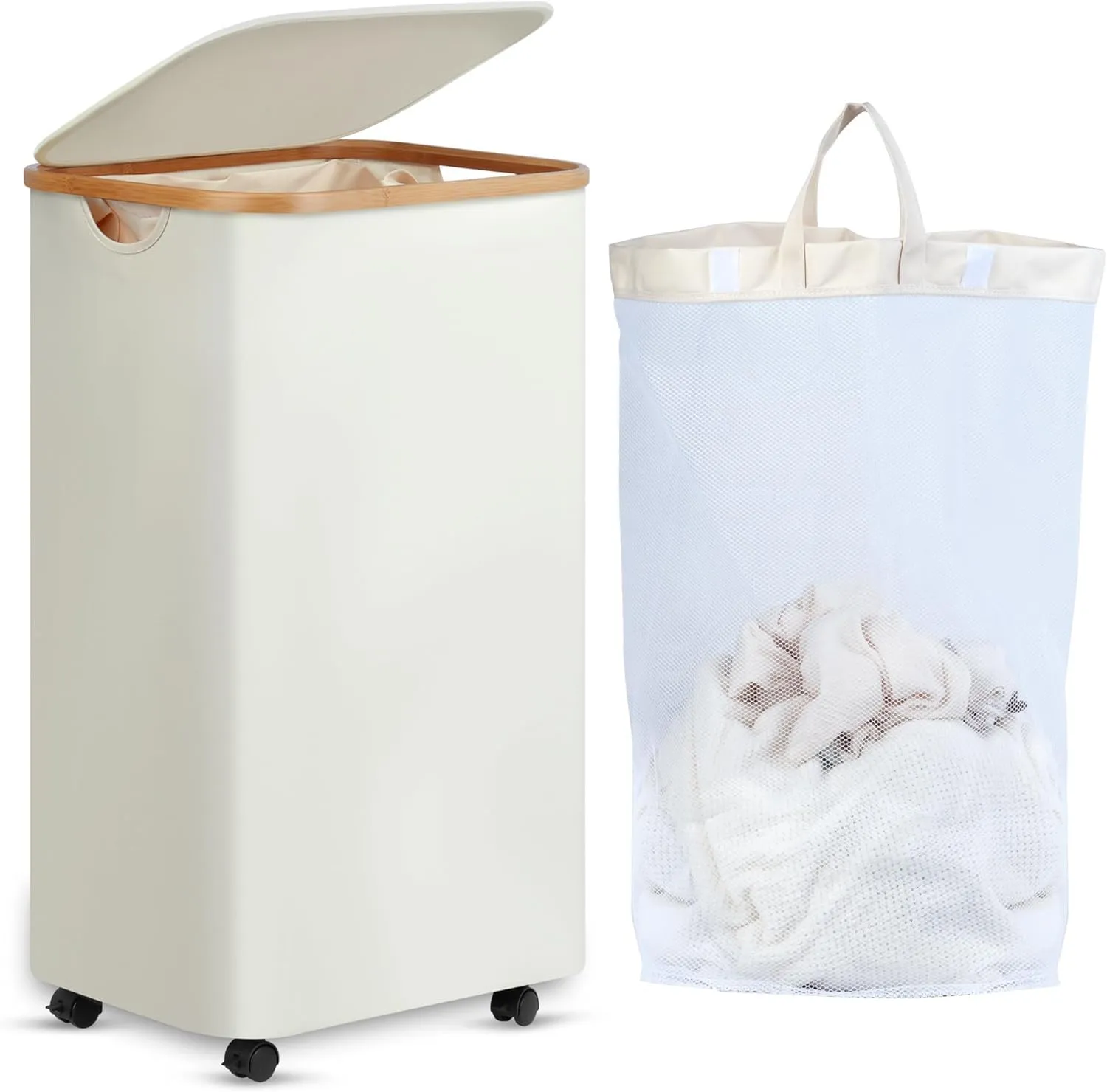 Laundry Basket with Wheels, Tall Rolling Laundry Hamper with Lid and Removable Bag, Aesthetic Dirty Clothes Hamper on Wheels for Laundry Room, Bedroom, Dorm and Bathroom, 100L Beige