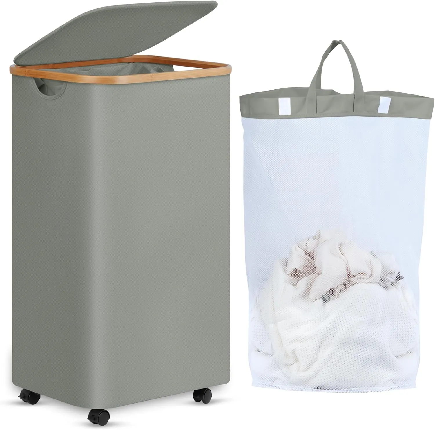 Laundry Basket with Wheels, Tall Rolling Laundry Hamper with Lid and Removable Bag, Aesthetic Dirty Clothes Hamper on Wheels for Laundry Room, Bedroom, Dorm and Bathroom, 100L Grey
