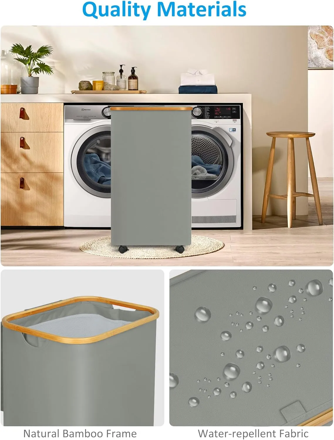 Laundry Basket with Wheels, Tall Rolling Laundry Hamper with Lid and Removable Bag, Aesthetic Dirty Clothes Hamper on Wheels for Laundry Room, Bedroom, Dorm and Bathroom, 100L Grey