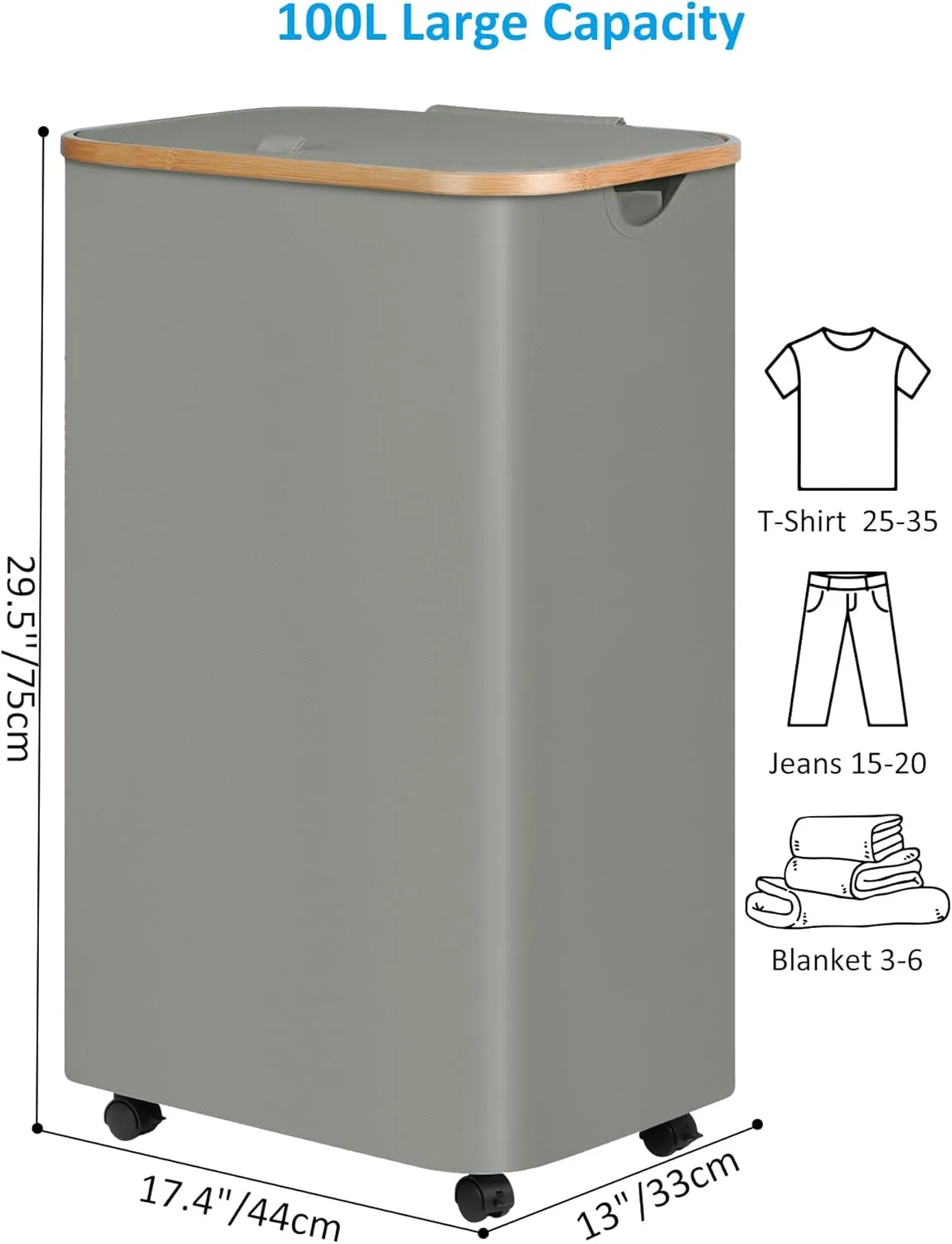 Laundry Basket with Wheels, Tall Rolling Laundry Hamper with Lid and Removable Bag, Aesthetic Dirty Clothes Hamper on Wheels for Laundry Room, Bedroom, Dorm and Bathroom, 100L Grey