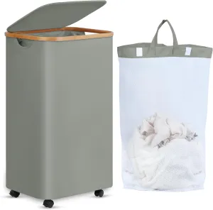 Laundry Basket with Wheels, Tall Rolling Laundry Hamper with Lid and Removable Bag, Aesthetic Dirty Clothes Hamper on Wheels for Laundry Room, Bedroom, Dorm and Bathroom, 100L Grey