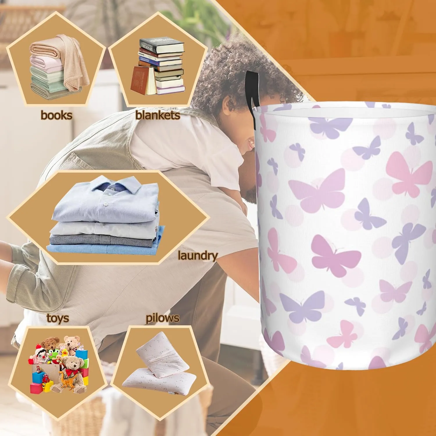 Laundry Basket,Butterfly Laundry Hamper Pink Purple Dots Collapsible Organizer Basket,Toy Storage Bin Room Decor Gift Clothes Baskets,Bedroom Children Nursery Hamper 16x20 Inch