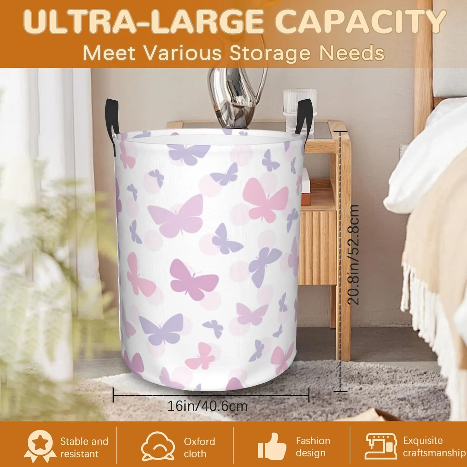 Laundry Basket,Butterfly Laundry Hamper Pink Purple Dots Collapsible Organizer Basket,Toy Storage Bin Room Decor Gift Clothes Baskets,Bedroom Children Nursery Hamper 16x20 Inch