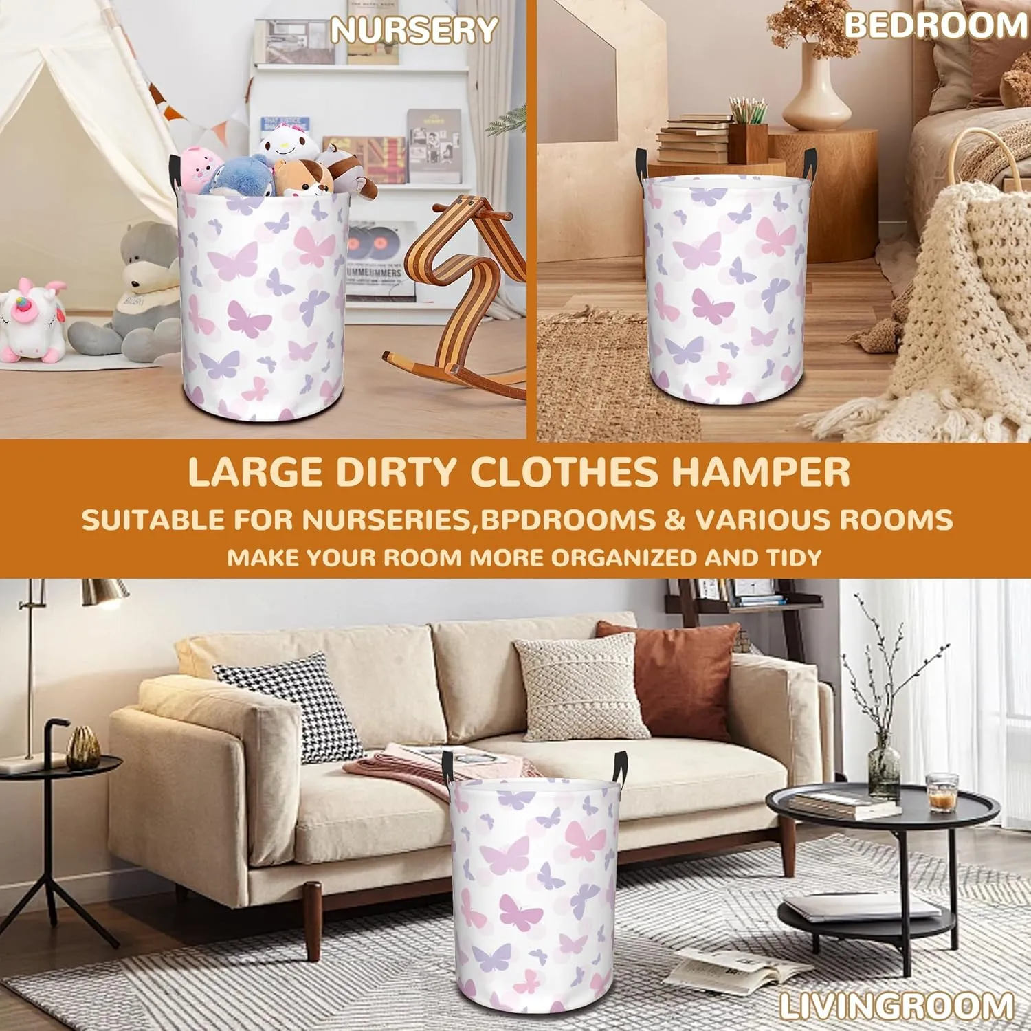Laundry Basket,Butterfly Laundry Hamper Pink Purple Dots Collapsible Organizer Basket,Toy Storage Bin Room Decor Gift Clothes Baskets,Bedroom Children Nursery Hamper 16x20 Inch
