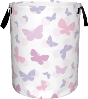 Laundry Basket,Butterfly Laundry Hamper Pink Purple Dots Collapsible Organizer Basket,Toy Storage Bin Room Decor Gift Clothes Baskets,Bedroom Children Nursery Hamper 16x20 Inch