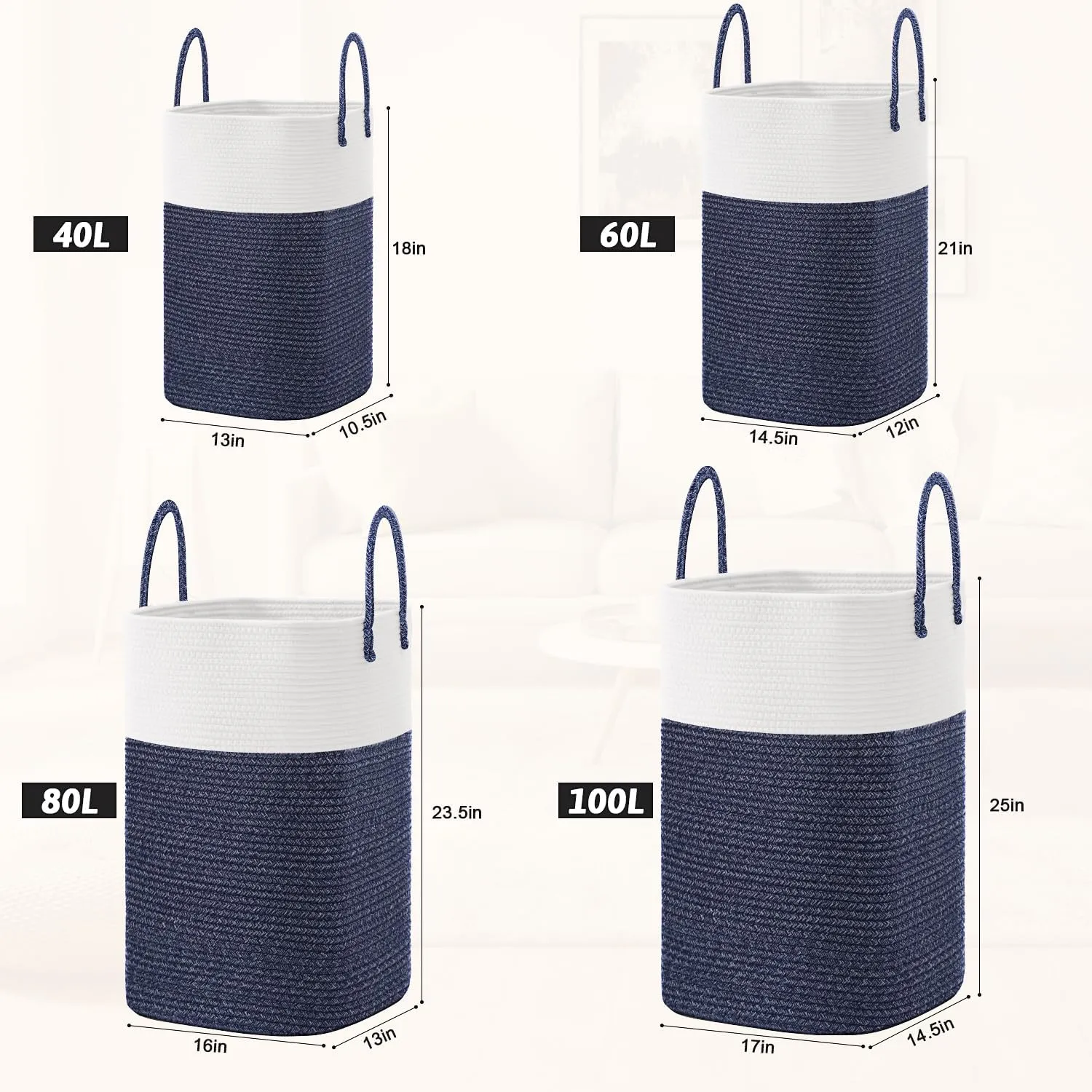 Laundry Basket,Woven Cotton Rope Laundry Hamper Sorters,80L Versatile Storage for Dirty Clothes,Baby Toys,and Blankets in Bathroom, Nursery,and Living Room
