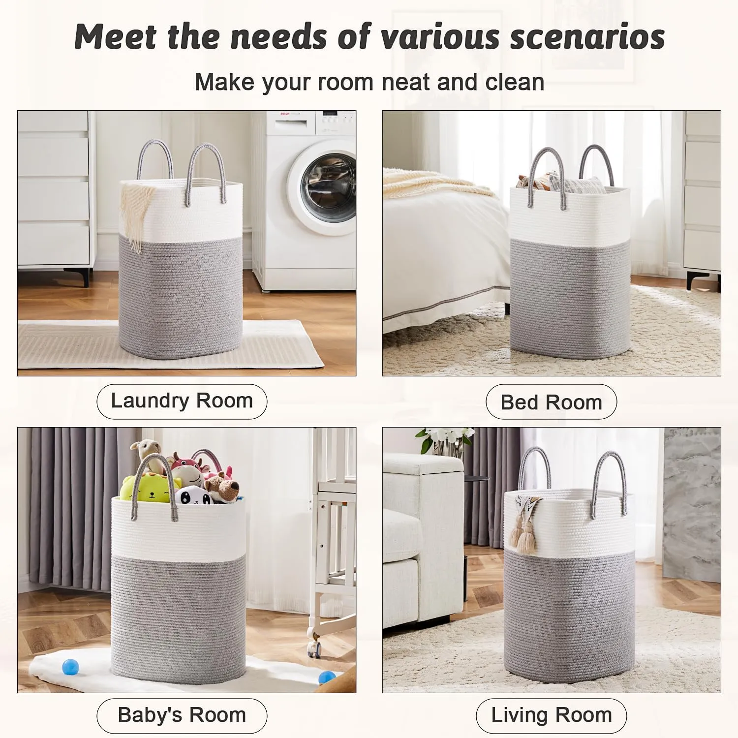 Laundry Basket,Woven Cotton Rope Laundry Hamper Sorters,80L Versatile Storage for Dirty Clothes,Baby Toys,and Blankets in Bathroom, Nursery,and Living Room
