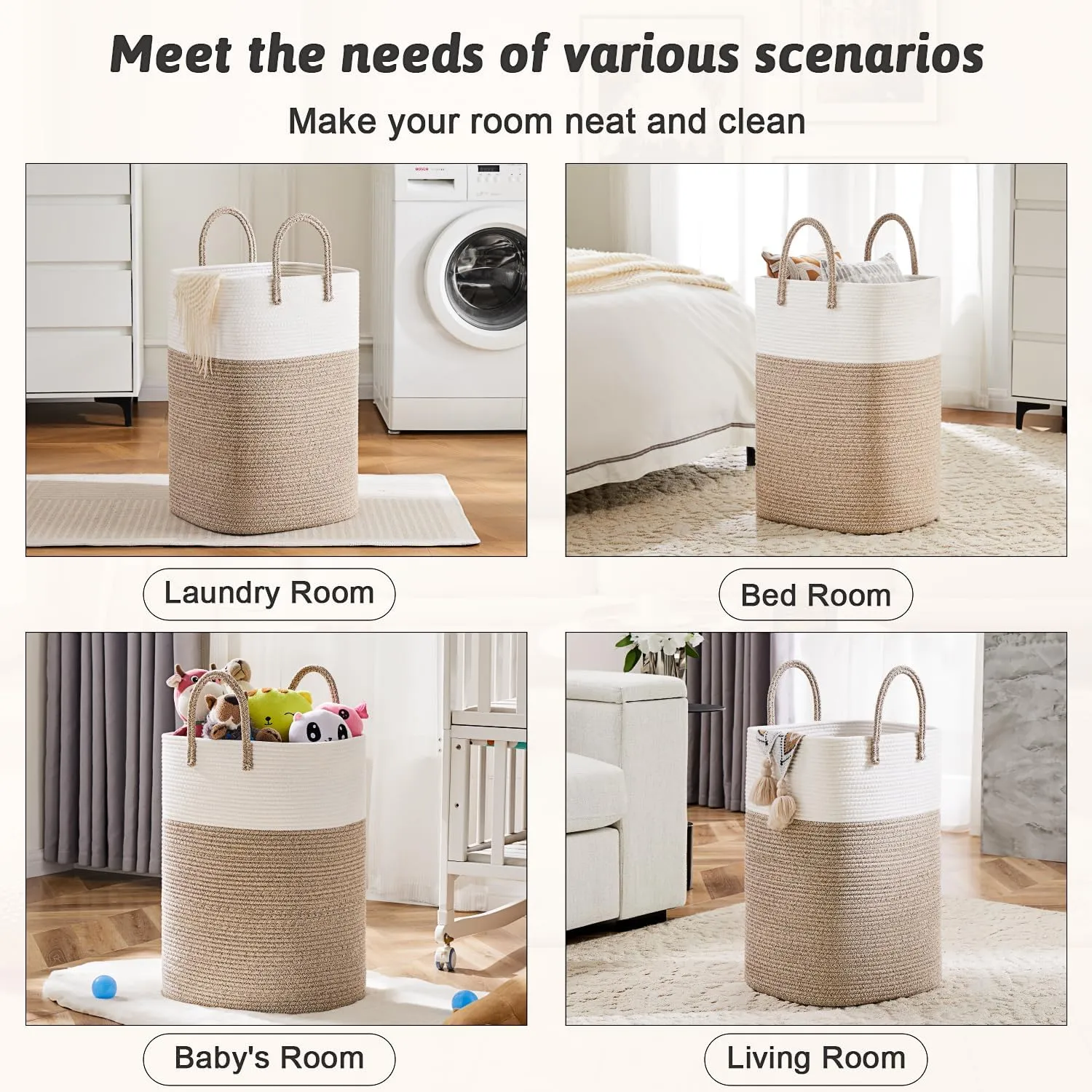 Laundry Basket,Woven Cotton Rope Laundry Hamper Sorters,80L Versatile Storage for Dirty Clothes,Baby Toys,and Blankets in Bathroom, Nursery,and Living Room