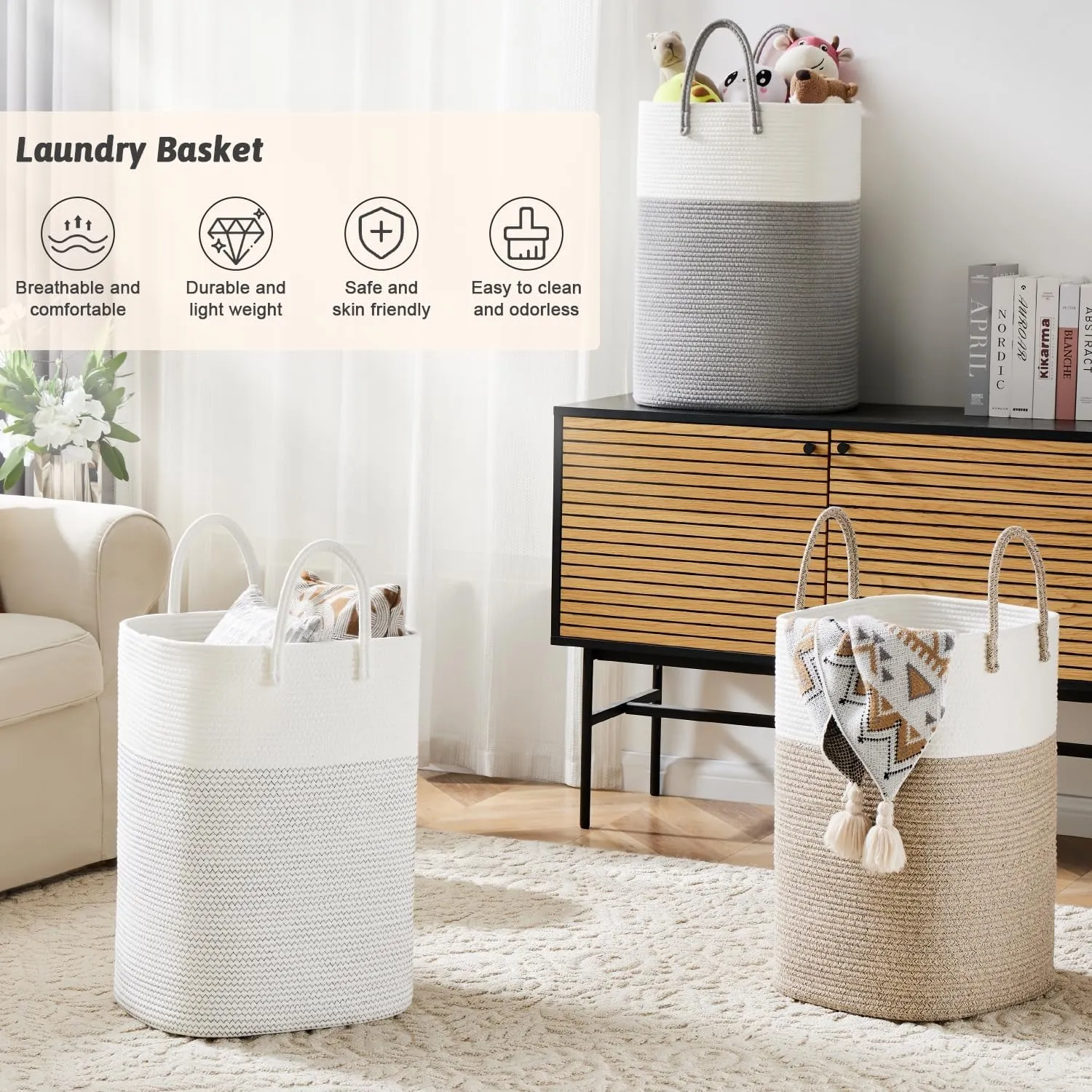 Laundry Basket,Woven Cotton Rope Laundry Hamper Sorters,80L Versatile Storage for Dirty Clothes,Baby Toys,and Blankets in Bathroom, Nursery,and Living Room