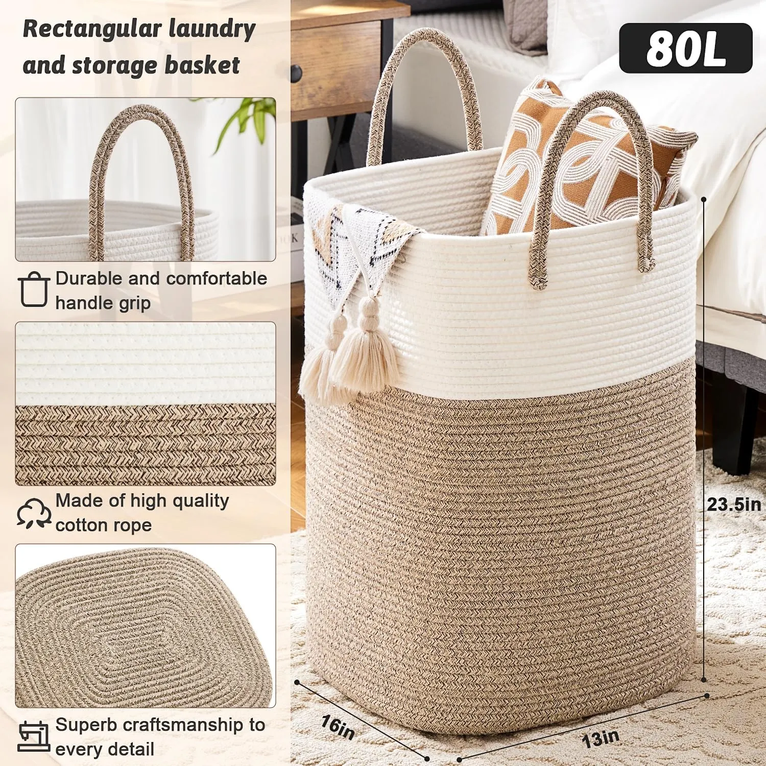 Laundry Basket,Woven Cotton Rope Laundry Hamper Sorters,80L Versatile Storage for Dirty Clothes,Baby Toys,and Blankets in Bathroom, Nursery,and Living Room