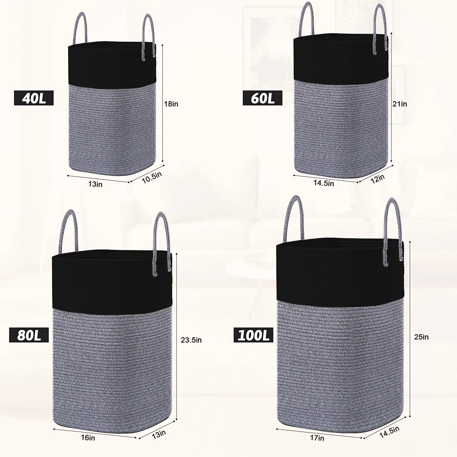 Laundry Basket,Woven Cotton Rope Laundry Hamper Sorters,80L Versatile Storage for Dirty Clothes,Baby Toys,and Blankets in Bathroom, Nursery,and Living Room