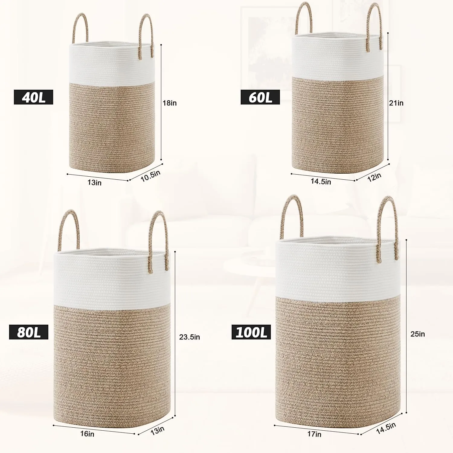 Laundry Basket,Woven Cotton Rope Laundry Hamper Sorters,80L Versatile Storage for Dirty Clothes,Baby Toys,and Blankets in Bathroom, Nursery,and Living Room