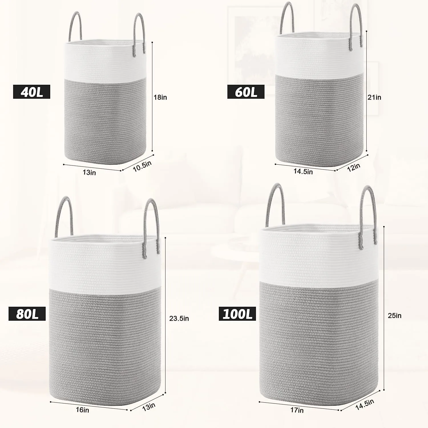 Laundry Basket,Woven Cotton Rope Laundry Hamper Sorters,80L Versatile Storage for Dirty Clothes,Baby Toys,and Blankets in Bathroom, Nursery,and Living Room