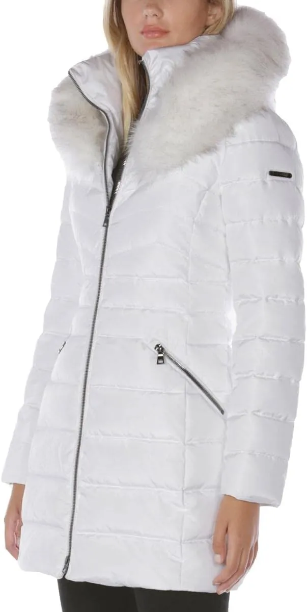 Laundry by Shelli Segal Women's Puffer Jacket with Detachable Faux Fur Hood and Large Collar