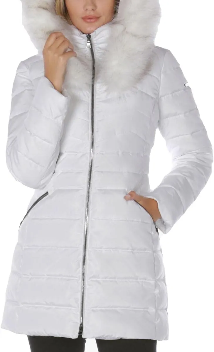 Laundry by Shelli Segal Women's Puffer Jacket with Detachable Faux Fur Hood and Large Collar