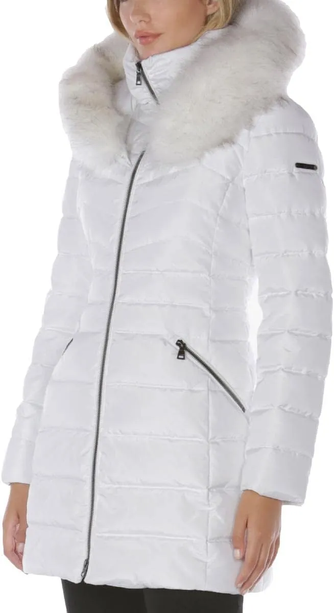 Laundry by Shelli Segal Women's Puffer Jacket with Detachable Faux Fur Hood and Large Collar