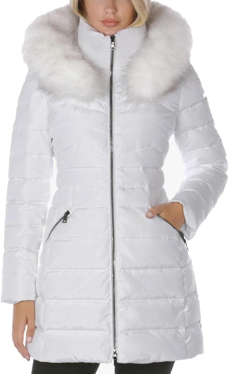 Laundry by Shelli Segal Women's Puffer Jacket with Detachable Faux Fur Hood and Large Collar
