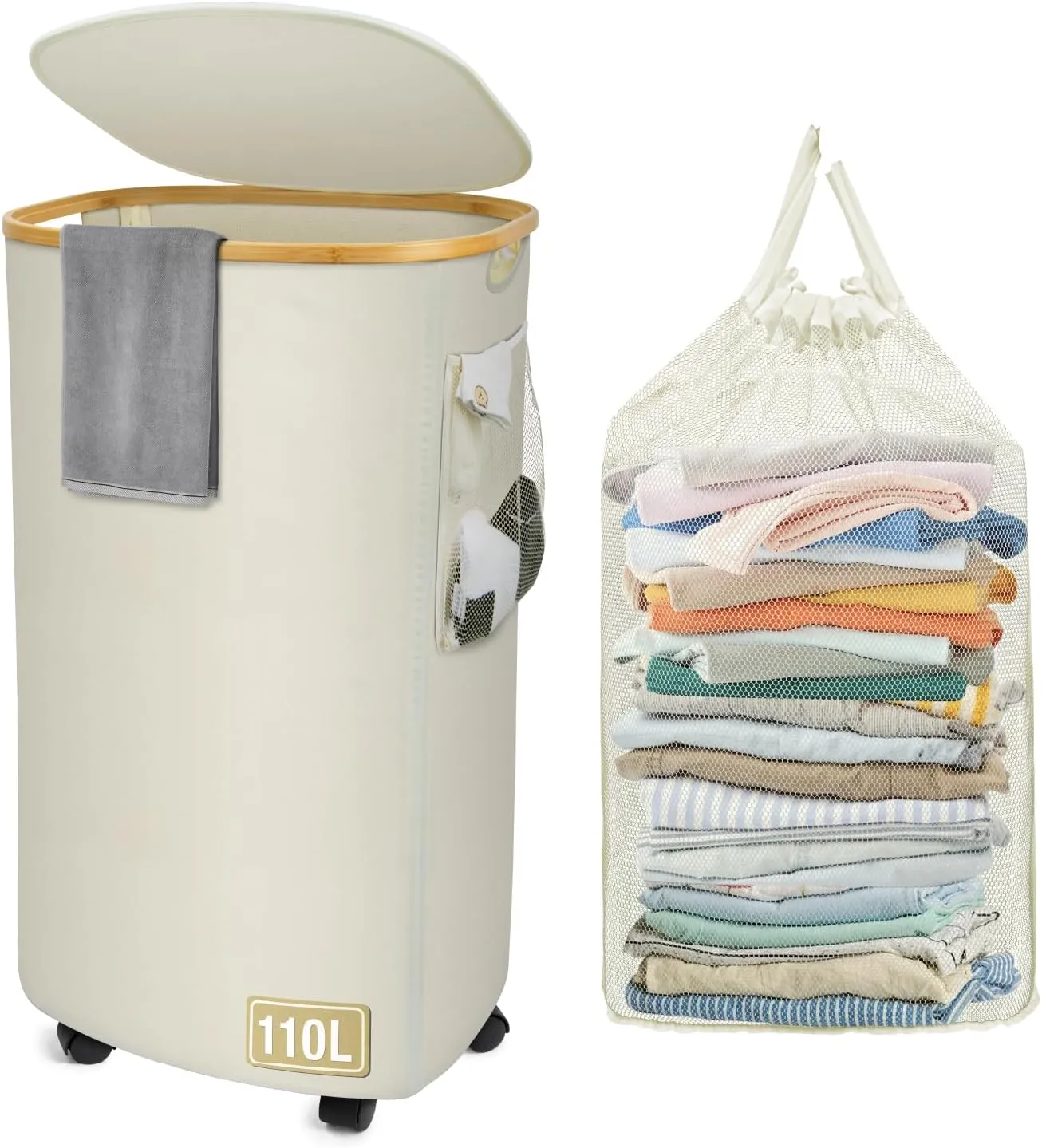 Laundry Hamper 110L Laundry Basket with Lid Wheels Removable Laundry Bag and Side Pocket Dirty Clothes Hamper for Dorm Bedroom Bathroom Laundry Room