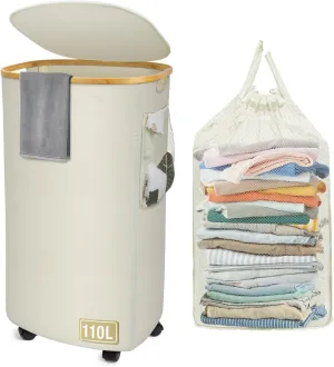 Laundry Hamper 110L Laundry Basket with Lid Wheels Removable Laundry Bag and Side Pocket Dirty Clothes Hamper for Dorm Bedroom Bathroom Laundry Room