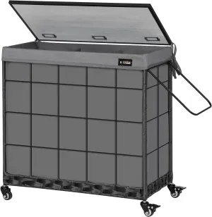 Laundry Hamper with Heavy Duty Caster Wheels; 3 Sections Clothes Hamper with Lid; 132L Laundry Basket with Removable Liner Bag; Laundry Sorter with Metal Handle (Grey)