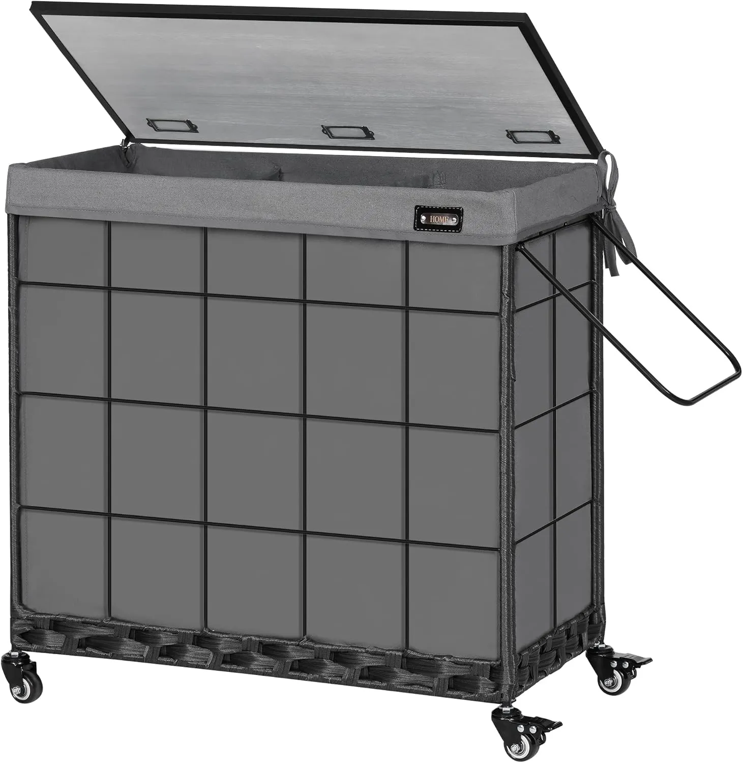 Laundry Hamper with Heavy Duty Caster Wheels; 3 Sections Clothes Hamper with Lid; 132L Laundry Basket with Removable Liner Bag; Laundry Sorter with Metal Handle (Grey)