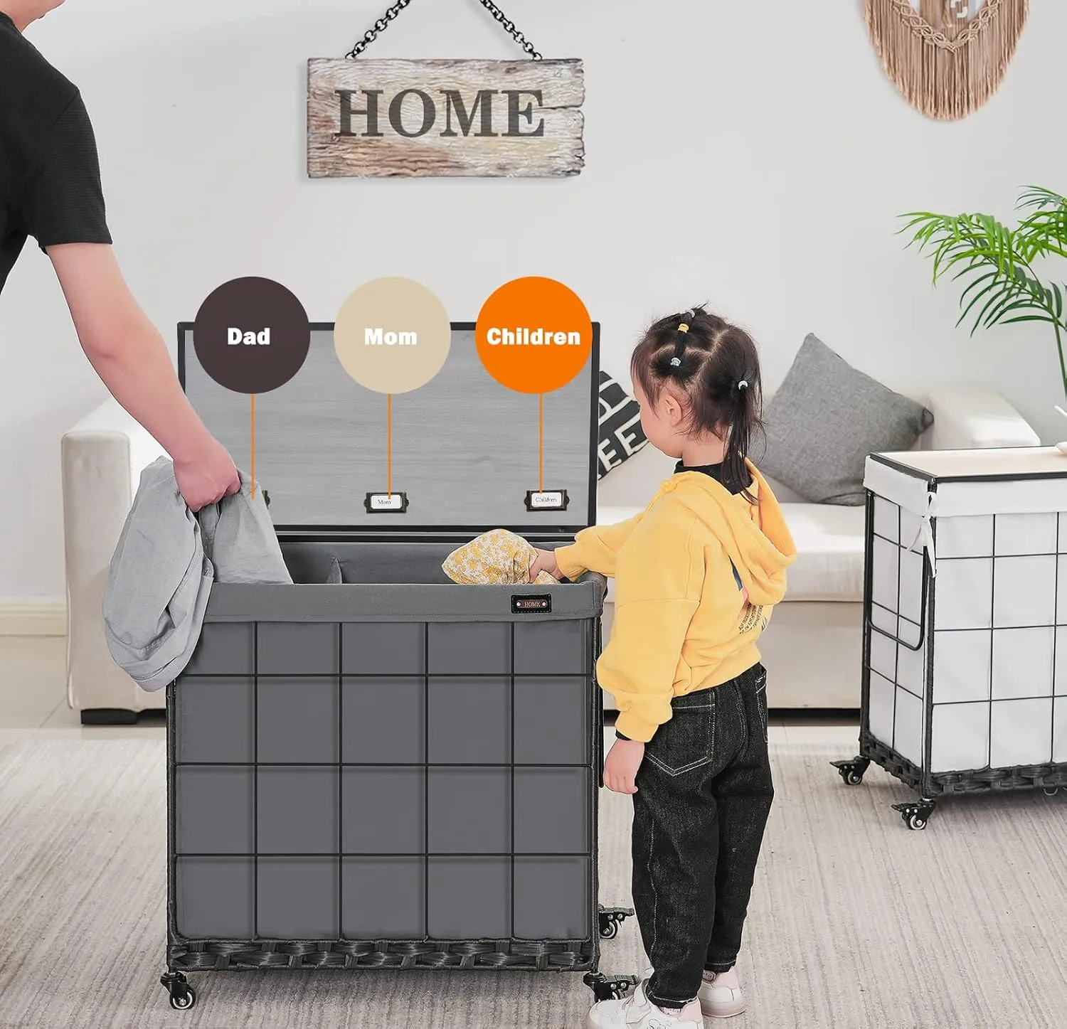 Laundry Hamper with Heavy Duty Caster Wheels; 3 Sections Clothes Hamper with Lid; 132L Laundry Basket with Removable Liner Bag; Laundry Sorter with Metal Handle (Grey)