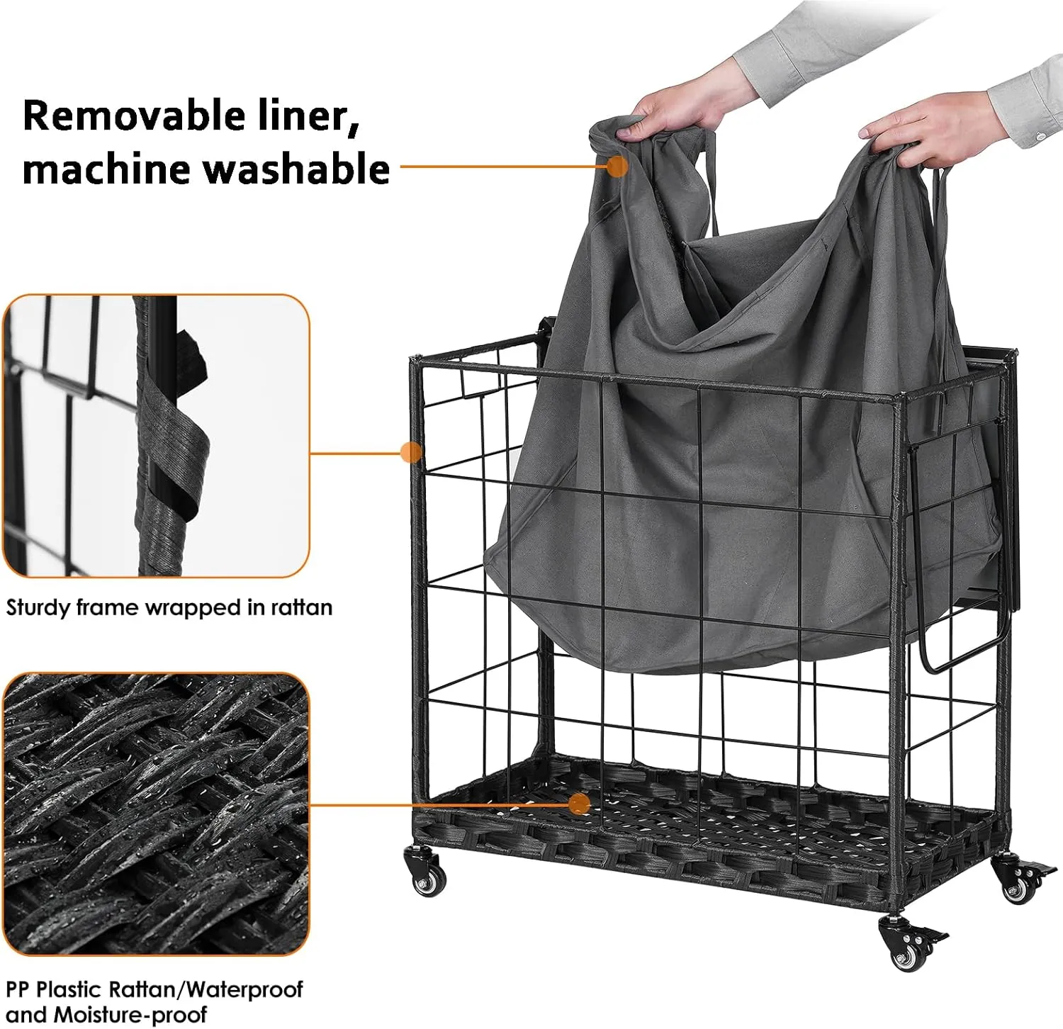 Laundry Hamper with Heavy Duty Caster Wheels; 3 Sections Clothes Hamper with Lid; 132L Laundry Basket with Removable Liner Bag; Laundry Sorter with Metal Handle (Grey)
