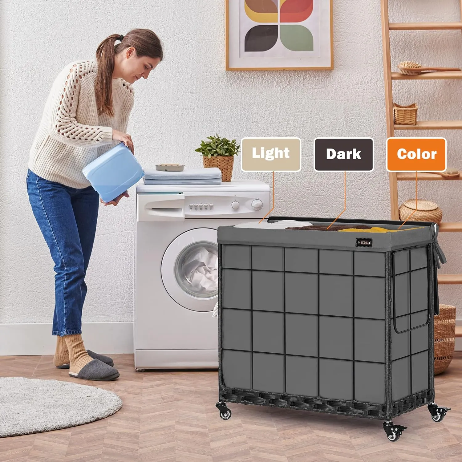 Laundry Hamper with Heavy Duty Caster Wheels; 3 Sections Clothes Hamper with Lid; 132L Laundry Basket with Removable Liner Bag; Laundry Sorter with Metal Handle (Grey)