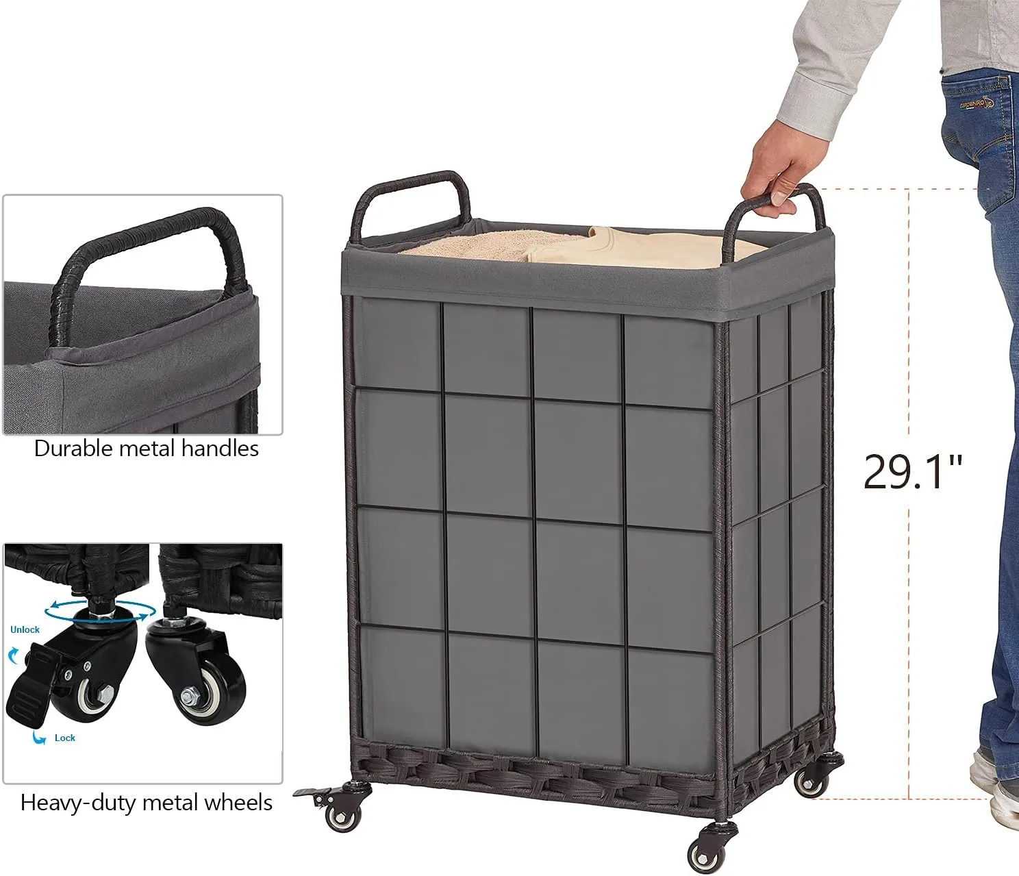 Laundry Hamper with Heavy Duty Rolling Lockable Wheels; Durable Laundry Basket with Detachable Liner Bag; Collapsible Clothes Hamper with Metal Handle (Grey)