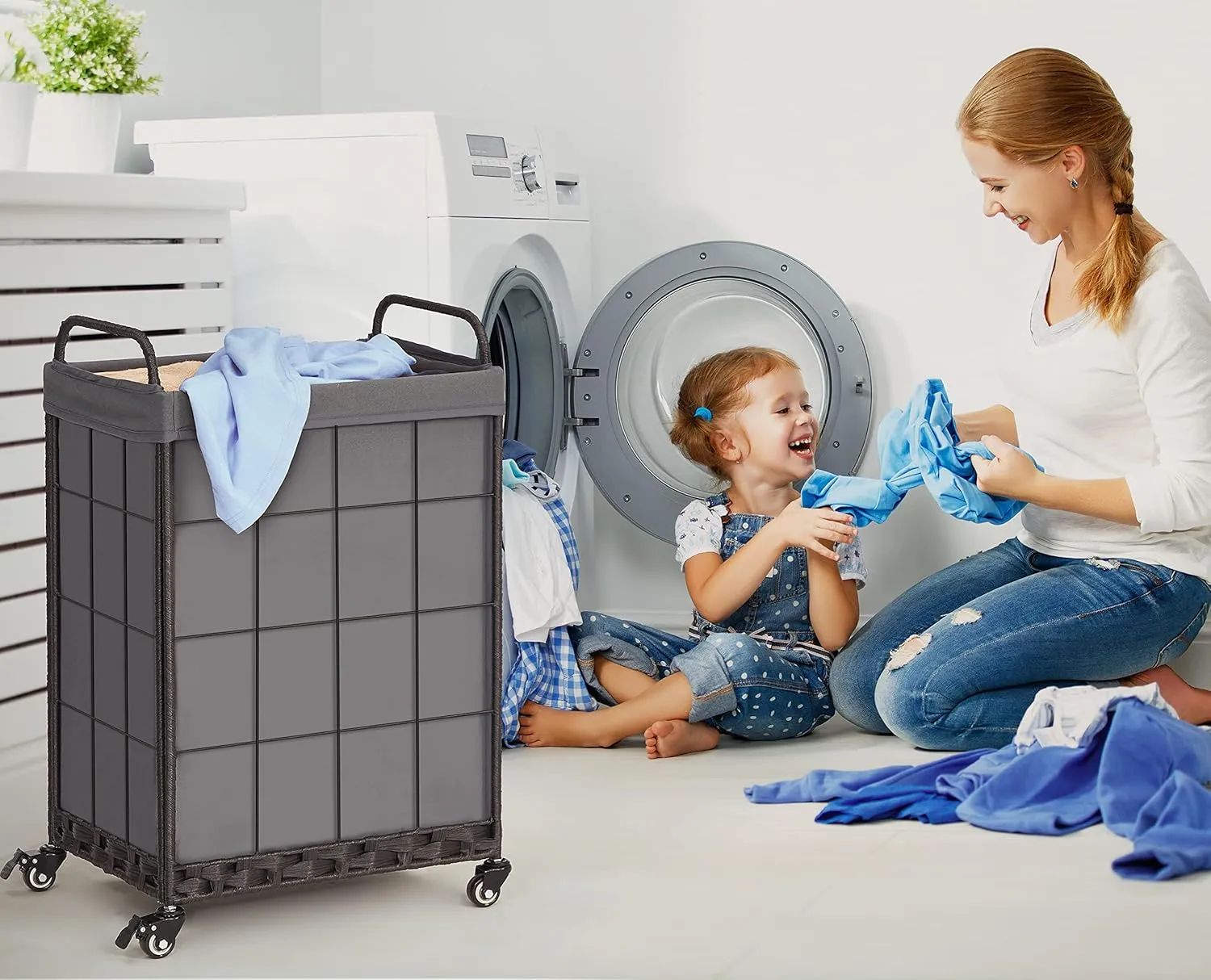 Laundry Hamper with Heavy Duty Rolling Lockable Wheels; Durable Laundry Basket with Detachable Liner Bag; Collapsible Clothes Hamper with Metal Handle (Grey)