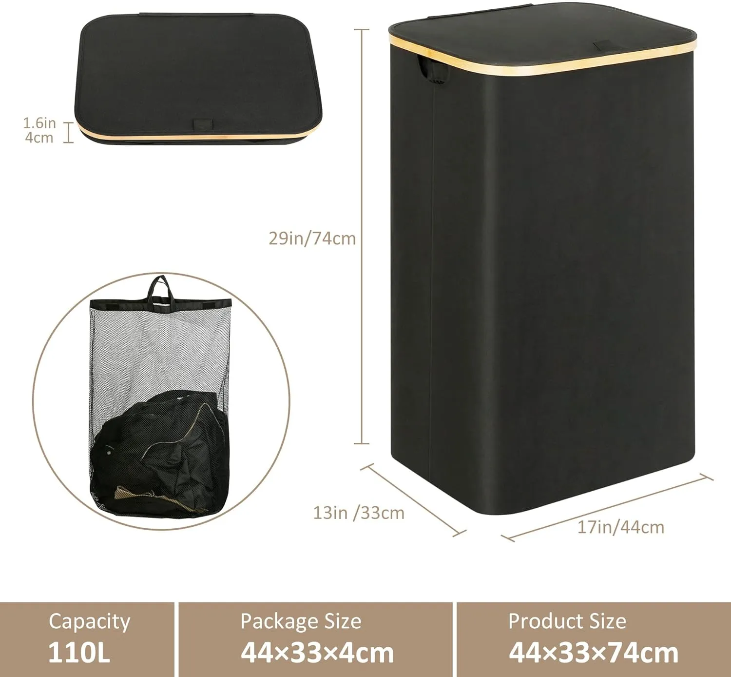 Laundry Hamper with Lid, 110L Large Laundry Hamper with Handle and Lid, Collapsible Clothes Basket Organizer with Removable Inner Bag for Clothes Toys Towels - Black