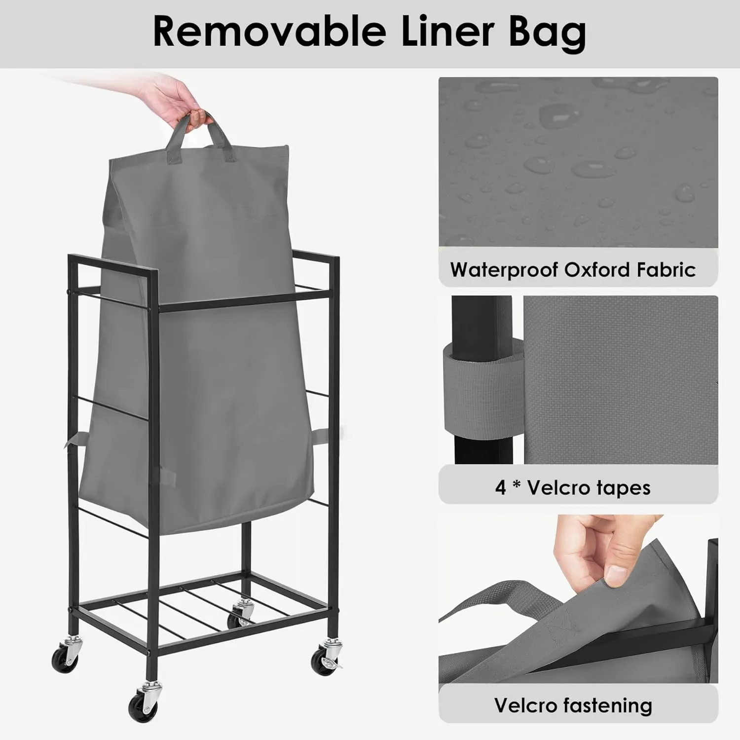 Laundry Hamper with Rustic Brown Lid & Wheels; 96L Large Rolling Laundry Basket with Removable Oxford Liner Bag; Tall Freestanding Dirty Clothes Hamper with Side Pocket; Metal Frame Laundry Cart