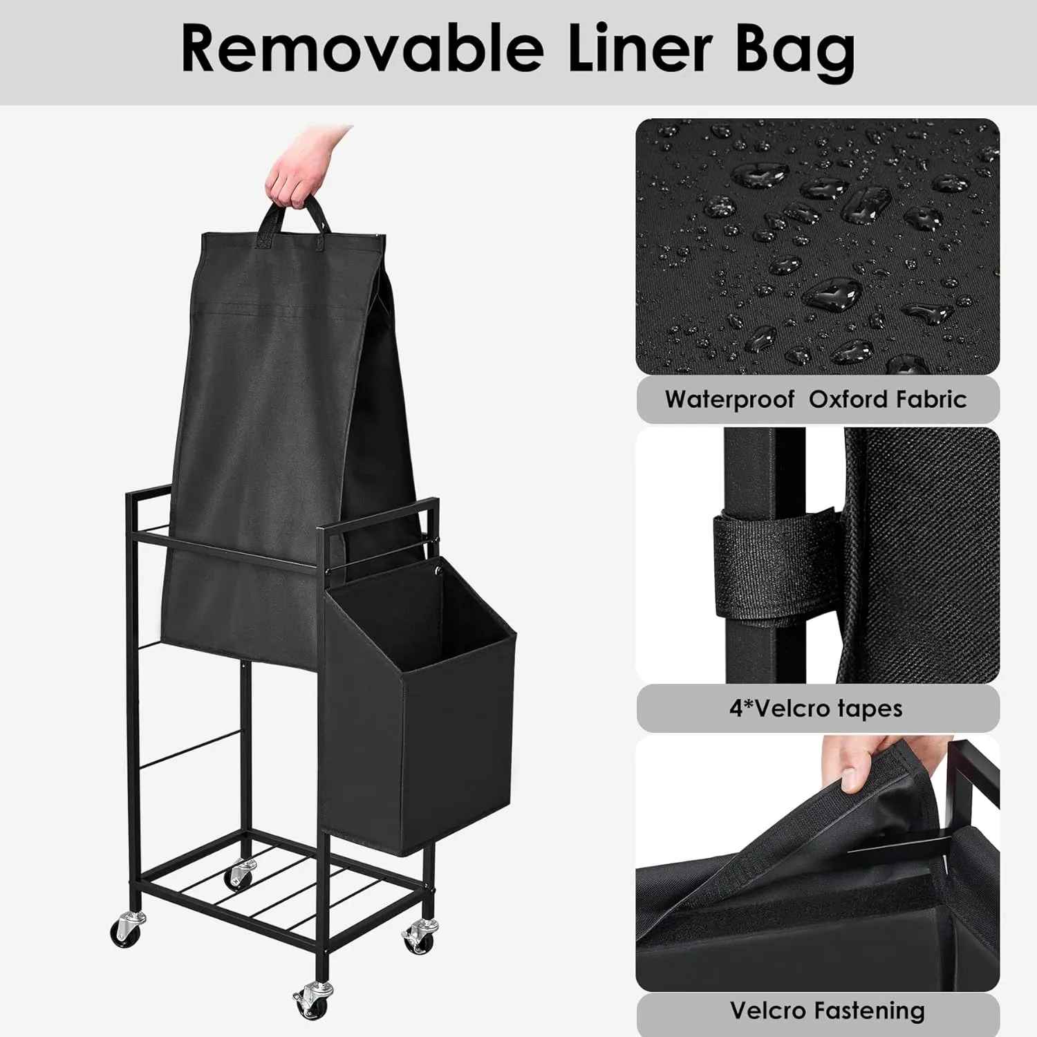 Laundry Hamper with Rustic Brown Lid & Wheels; 96L Large Rolling Laundry Basket with Removable Oxford Liner Bag; Tall Freestanding Dirty Clothes Hamper with Side Pocket; Metal Frame Laundry Cart