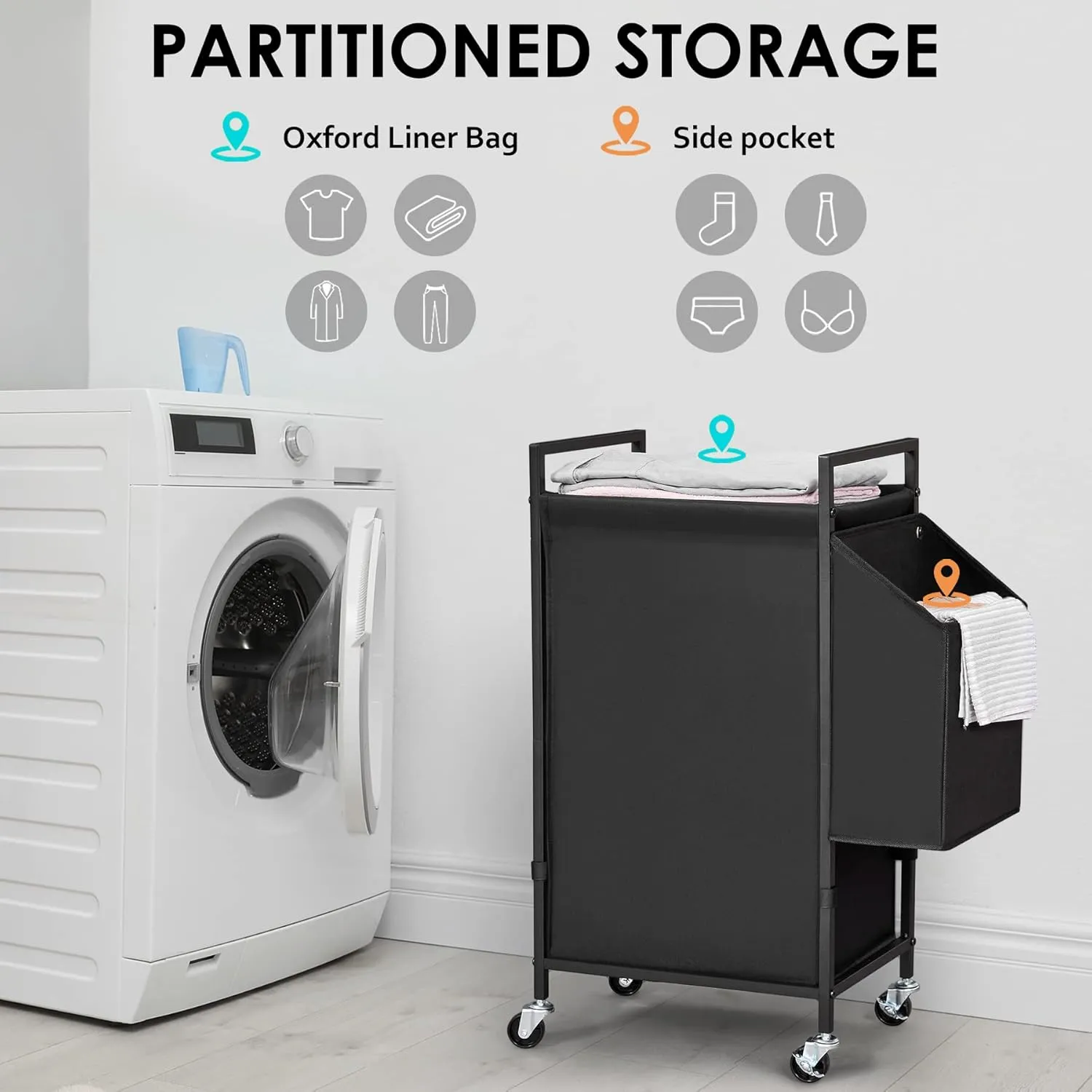 Laundry Hamper with Rustic Brown Lid & Wheels; 96L Large Rolling Laundry Basket with Removable Oxford Liner Bag; Tall Freestanding Dirty Clothes Hamper with Side Pocket; Metal Frame Laundry Cart