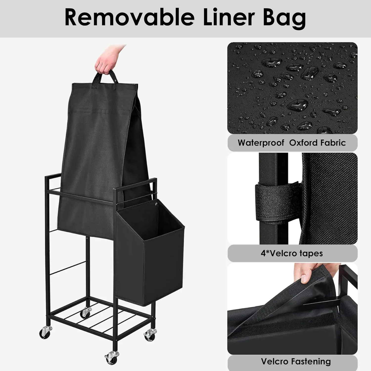 Laundry Hamper with Rustic Brown Lid & Wheels; 96L Large Rolling Laundry Basket with Removable Oxford Liner Bag; Tall Freestanding Dirty Clothes Hamper with Side Pocket; Metal Frame Laundry Cart