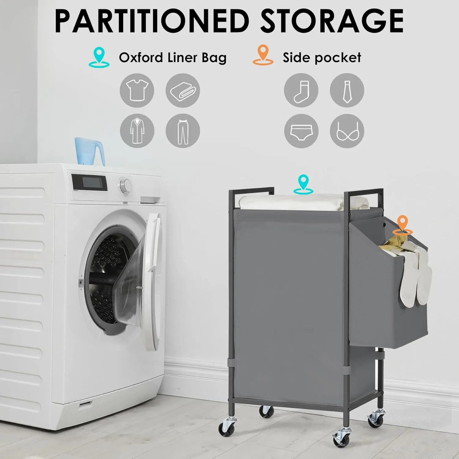 Laundry Hamper with Rustic Brown Lid & Wheels; 96L Large Rolling Laundry Basket with Removable Oxford Liner Bag; Tall Freestanding Dirty Clothes Hamper with Side Pocket; Metal Frame Laundry Cart