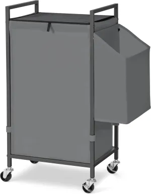 Laundry Hamper with Rustic Brown Lid & Wheels; 96L Large Rolling Laundry Basket with Removable Oxford Liner Bag; Tall Freestanding Dirty Clothes Hamper with Side Pocket; Metal Frame Laundry Cart