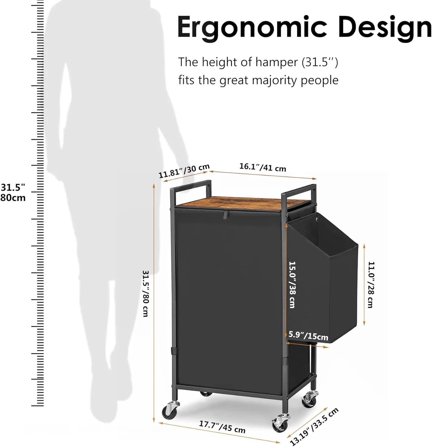 Laundry Hamper with Rustic Brown Lid & Wheels; 96L Large Rolling Laundry Basket with Removable Oxford Liner Bag; Tall Freestanding Dirty Clothes Hamper with Side Pocket; Metal Frame Laundry Cart