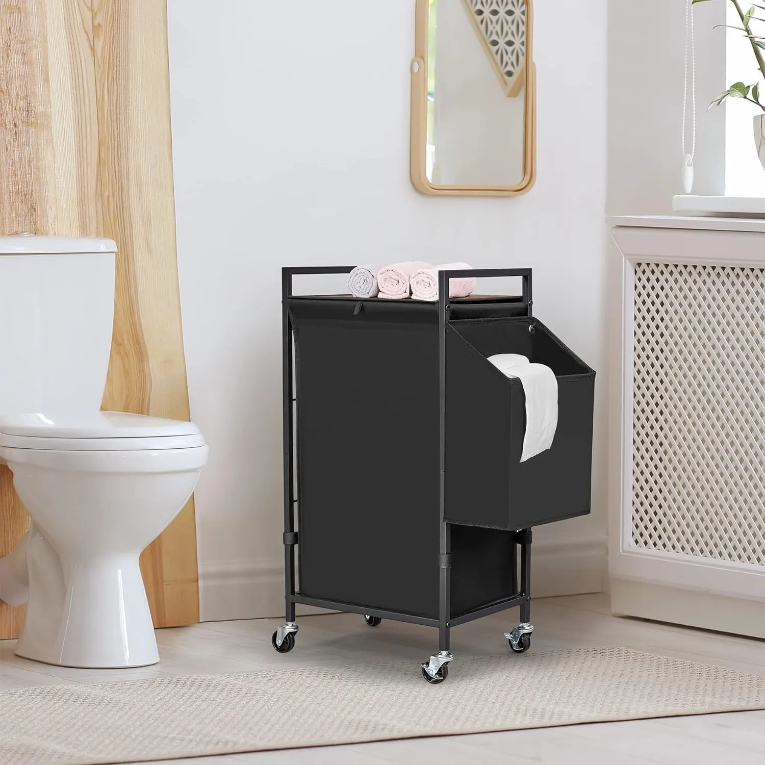 Laundry Hamper with Rustic Brown Lid & Wheels; 96L Large Rolling Laundry Basket with Removable Oxford Liner Bag; Tall Freestanding Dirty Clothes Hamper with Side Pocket; Metal Frame Laundry Cart