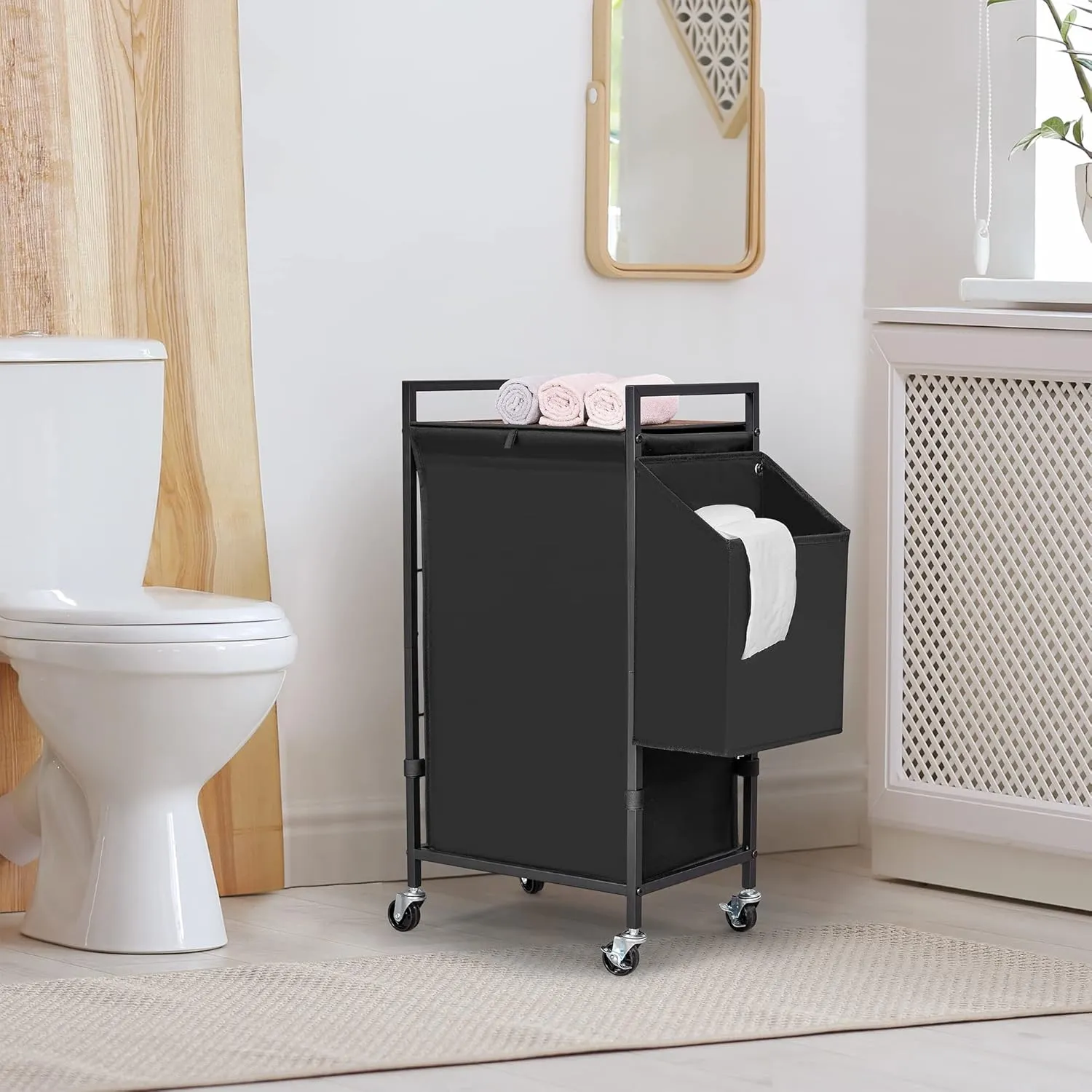 Laundry Hamper with Rustic Brown Lid & Wheels; 96L Large Rolling Laundry Basket with Removable Oxford Liner Bag; Tall Freestanding Dirty Clothes Hamper with Side Pocket; Metal Frame Laundry Cart