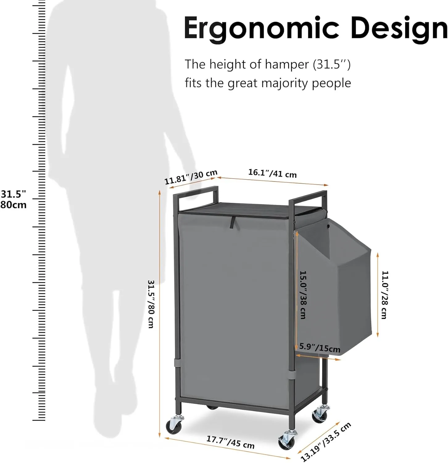 Laundry Hamper with Rustic Brown Lid & Wheels; 96L Large Rolling Laundry Basket with Removable Oxford Liner Bag; Tall Freestanding Dirty Clothes Hamper with Side Pocket; Metal Frame Laundry Cart