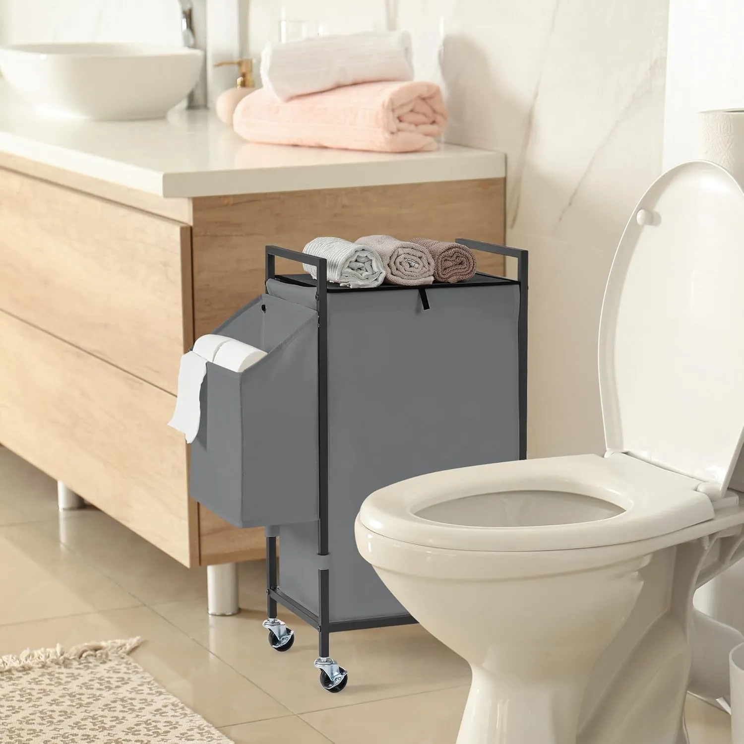 Laundry Hamper with Rustic Brown Lid & Wheels; 96L Large Rolling Laundry Basket with Removable Oxford Liner Bag; Tall Freestanding Dirty Clothes Hamper with Side Pocket; Metal Frame Laundry Cart