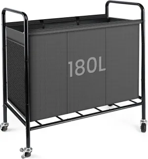 Laundry Hamper with Wheels, 180L Large 3-Compartment Rolling Clothes Hamper with Removable Laundry Bag, 360° Braking Casters for Laundry Room Organization and Storage - Black