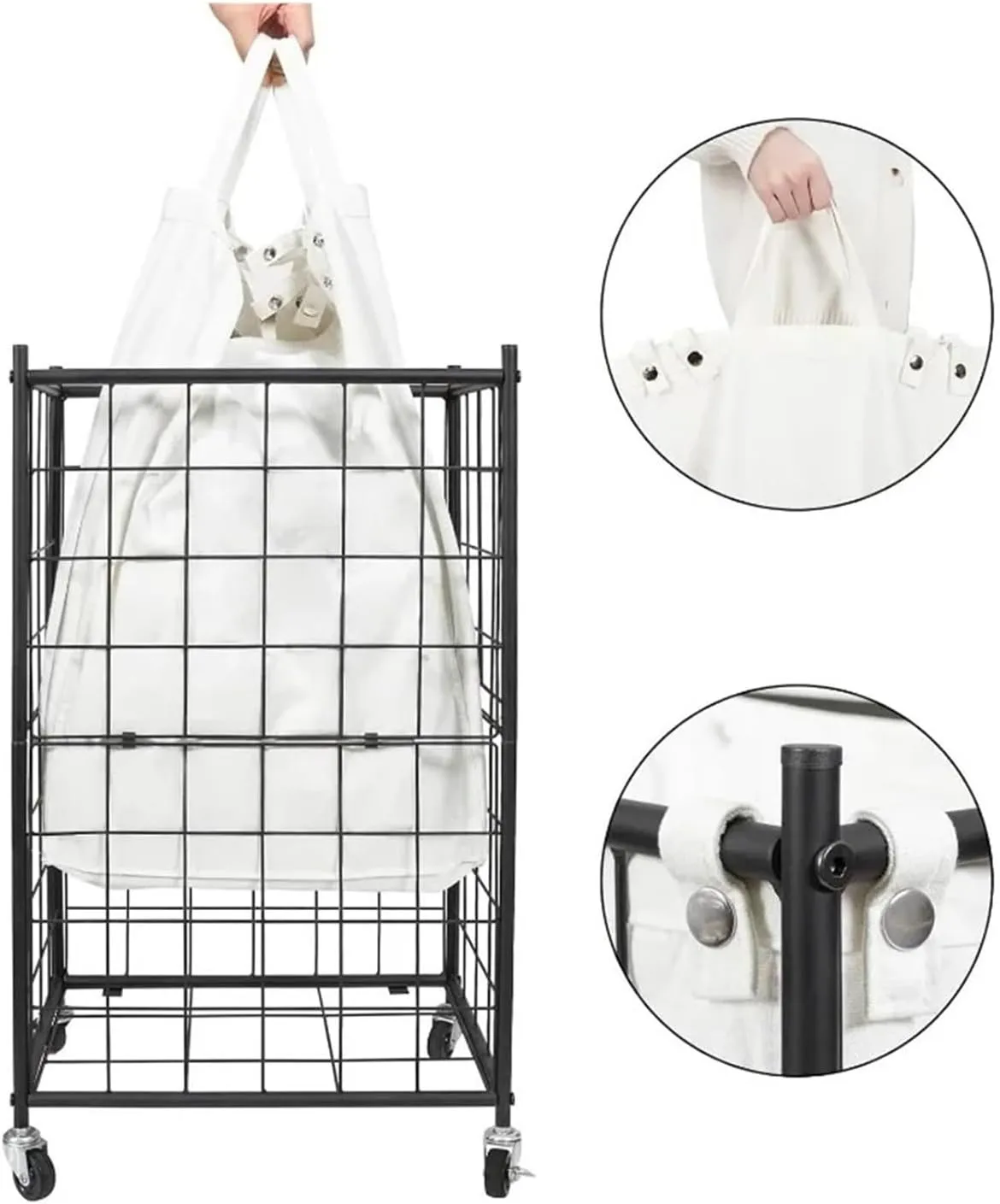 Laundry Hamper with Wheels,Metal Wire Frame Rolling Laundry Basket with Removable bag,100L Clothes(Black And White)