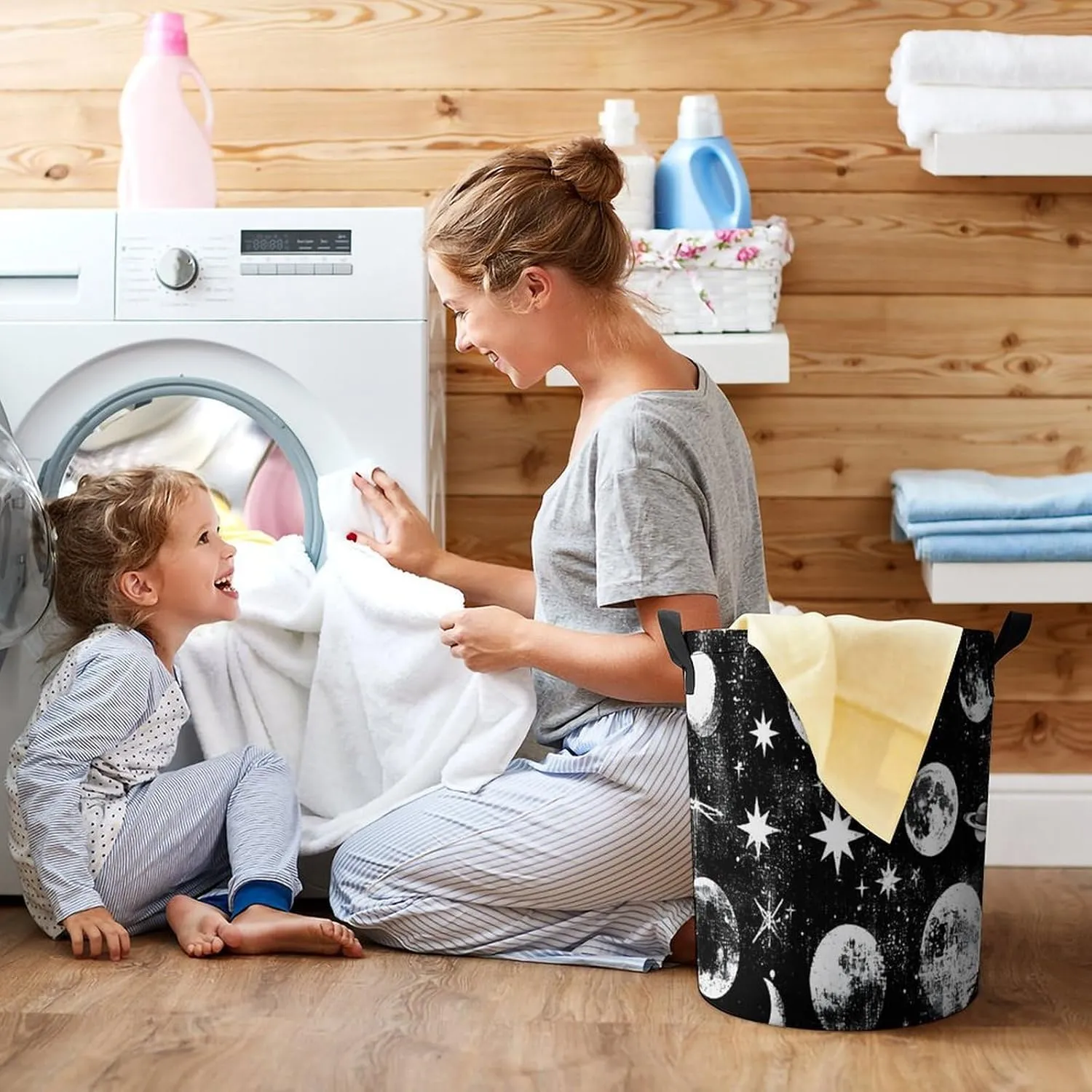 Laundry Hampers, Large Drawstring Laundry Bag, Removable Laundry Bags, Collapsible Storage Bin with Handles for Home Organization, Kids Room, Nursery Nature